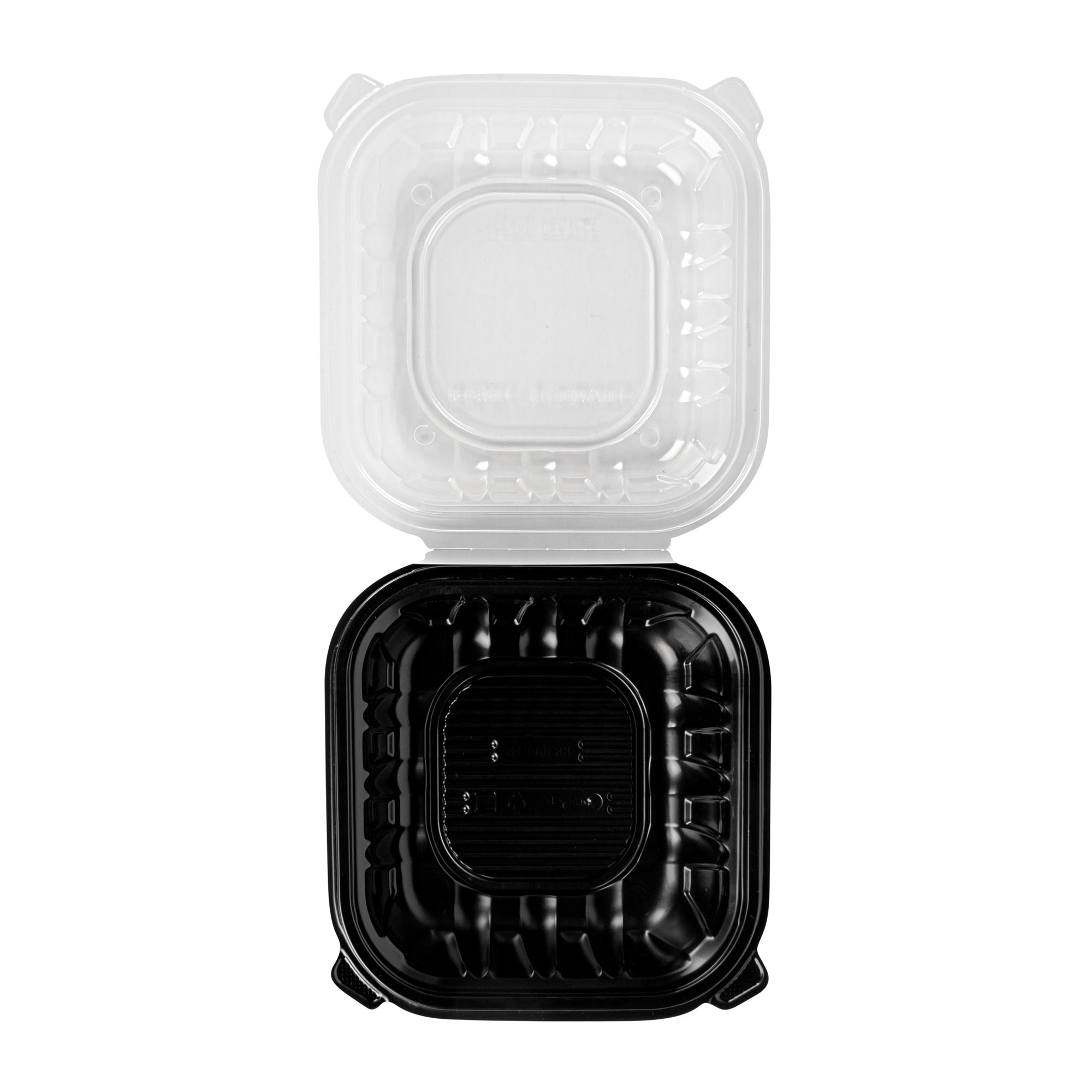 Thermo Tek 34 oz Black Plastic Clamshell Container - Microwavable - 8" x 8" x 3" - 100 count box