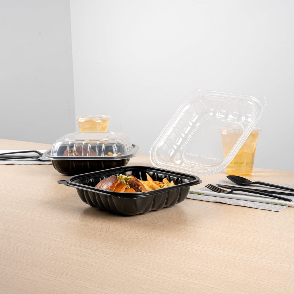 Thermo Tek 34 oz Black Plastic Clamshell Container - Microwavable - 8" x 8" x 3" - 100 count box