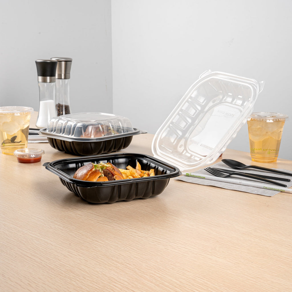 Thermo Tek 34 oz Black Plastic Clamshell Container - Microwavable - 8" x 8" x 3" - 100 count box