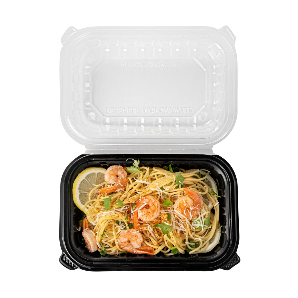 Thermo Tek 24 oz Black Plastic Clamshell Container - Microwavable - 9" x 6" x 3" - 50 count box