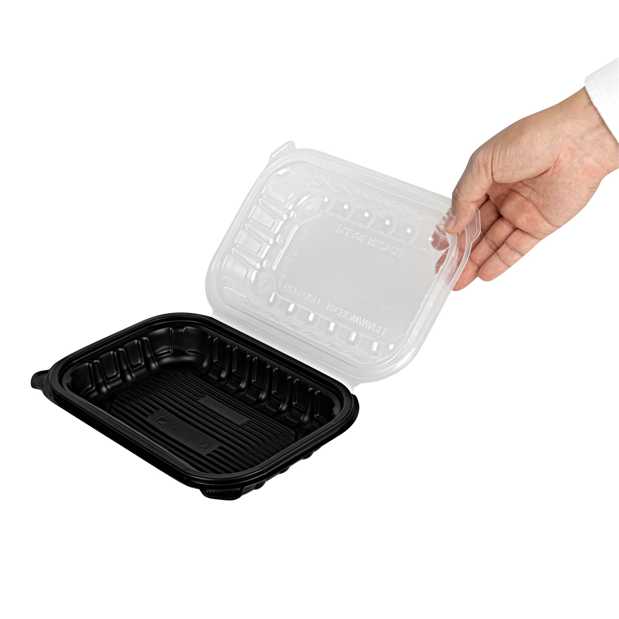 Thermo Tek 24 oz Black Plastic Clamshell Container - Microwavable - 9" x 6" x 3" - 50 count box