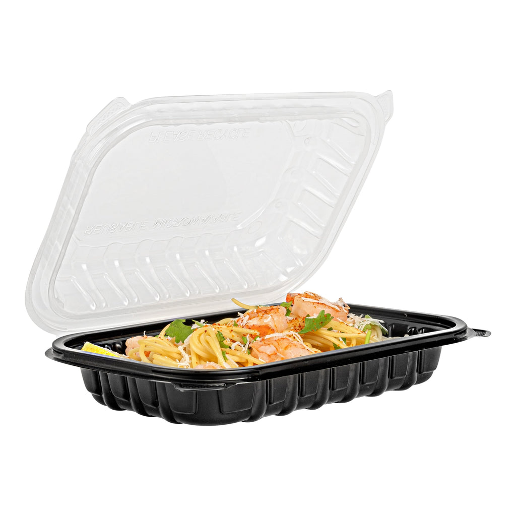 Thermo Tek 24 oz Black Plastic Clamshell Container - Microwavable - 9" x 6" x 3" - 100 count box