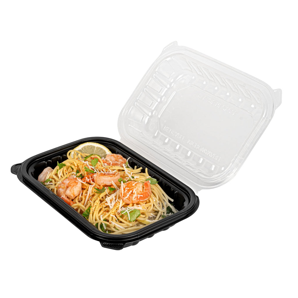 Thermo Tek 24 oz Black Plastic Clamshell Container - Microwavable - 9" x 6" x 3" - 100 count box
