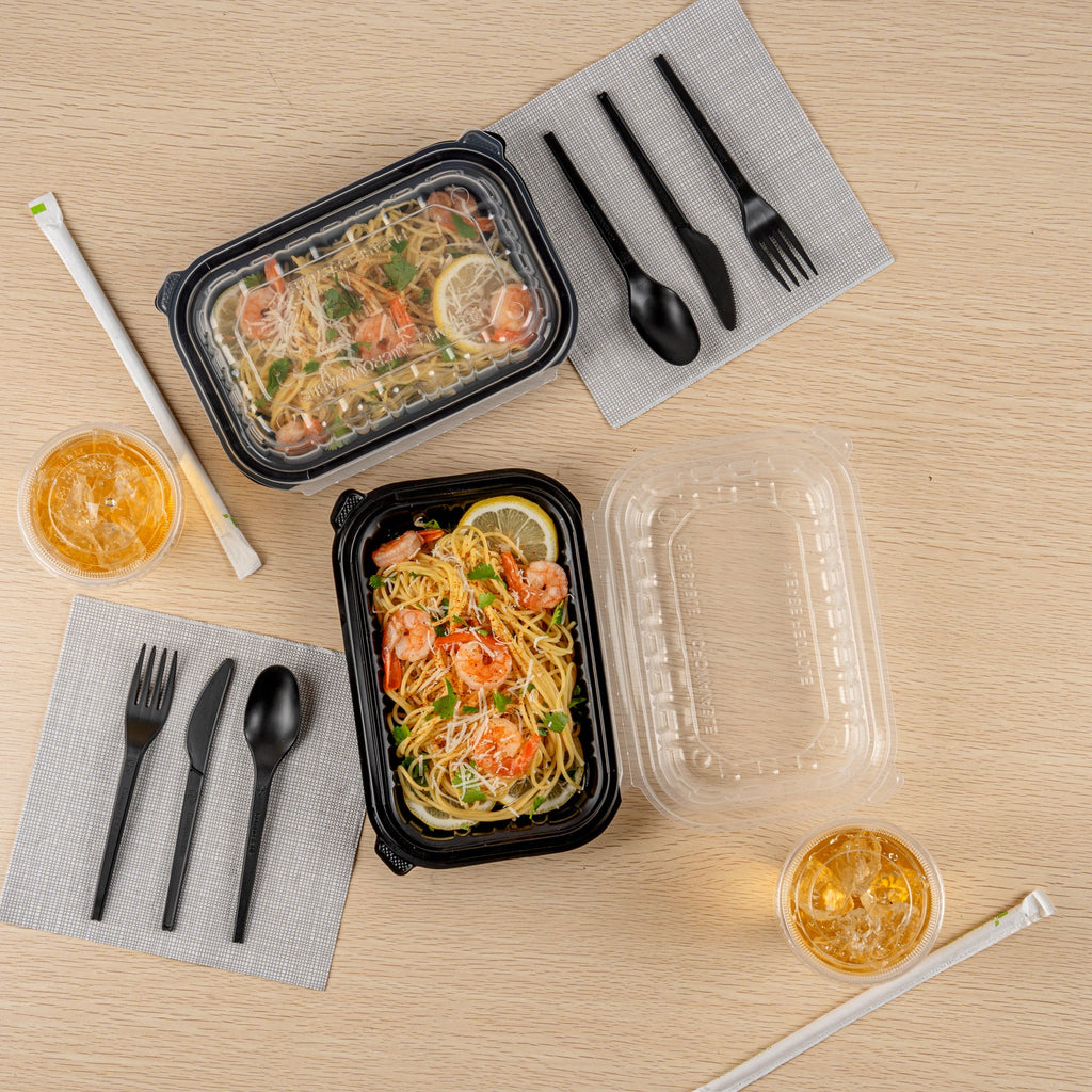 Thermo Tek 24 oz Black Plastic Clamshell Container - Microwavable - 9" x 6" x 3" - 100 count box