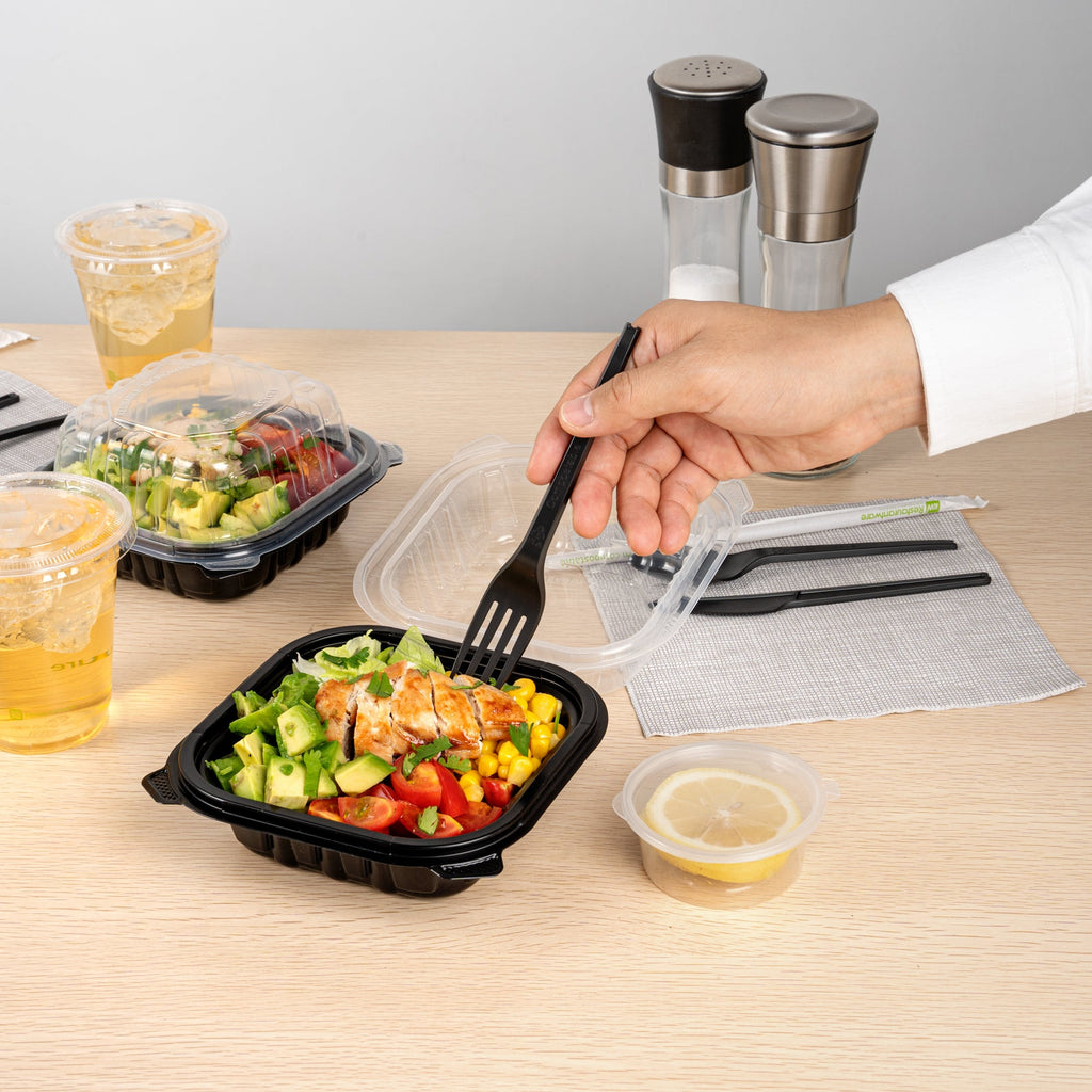 Thermo Tek 16 oz Black Plastic Clamshell Container - Microwavable - 6" x 6" x 3" - 50 count box