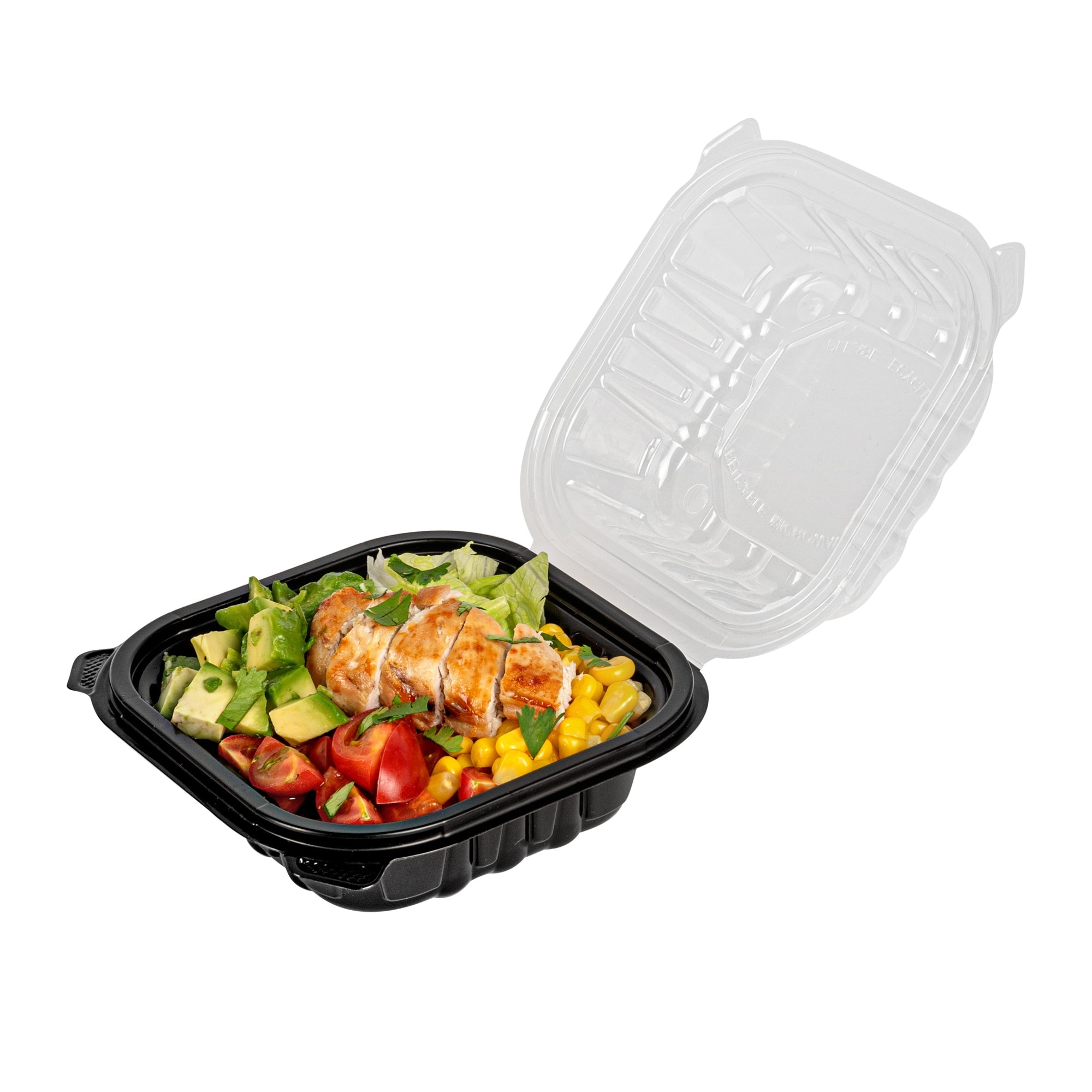 Thermo Tek 16 oz Black Plastic Clamshell Container - Microwavable - 6" x 6" x 3" - 100 count box
