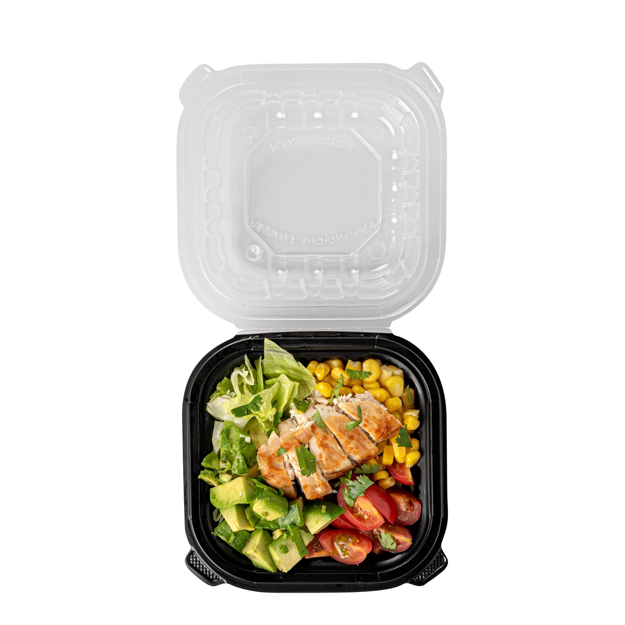 Thermo Tek 16 oz Black Plastic Clamshell Container - Microwavable - 6" x 6" x 3" - 100 count box