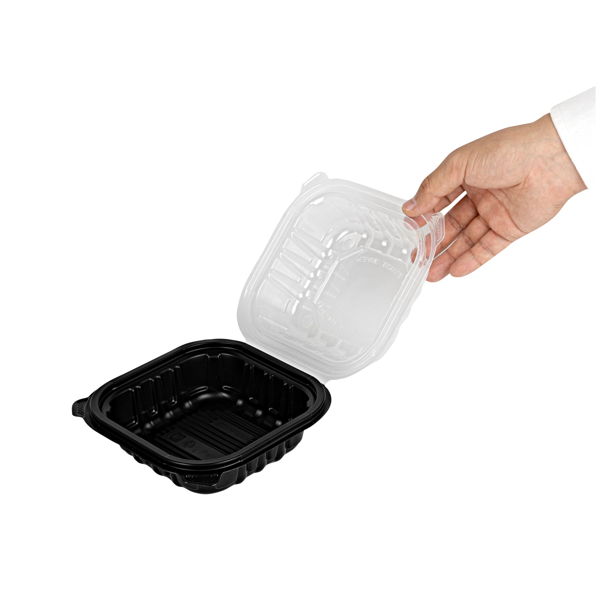 Thermo Tek 16 oz Black Plastic Clamshell Container - Microwavable - 6" x 6" x 3" - 100 count box