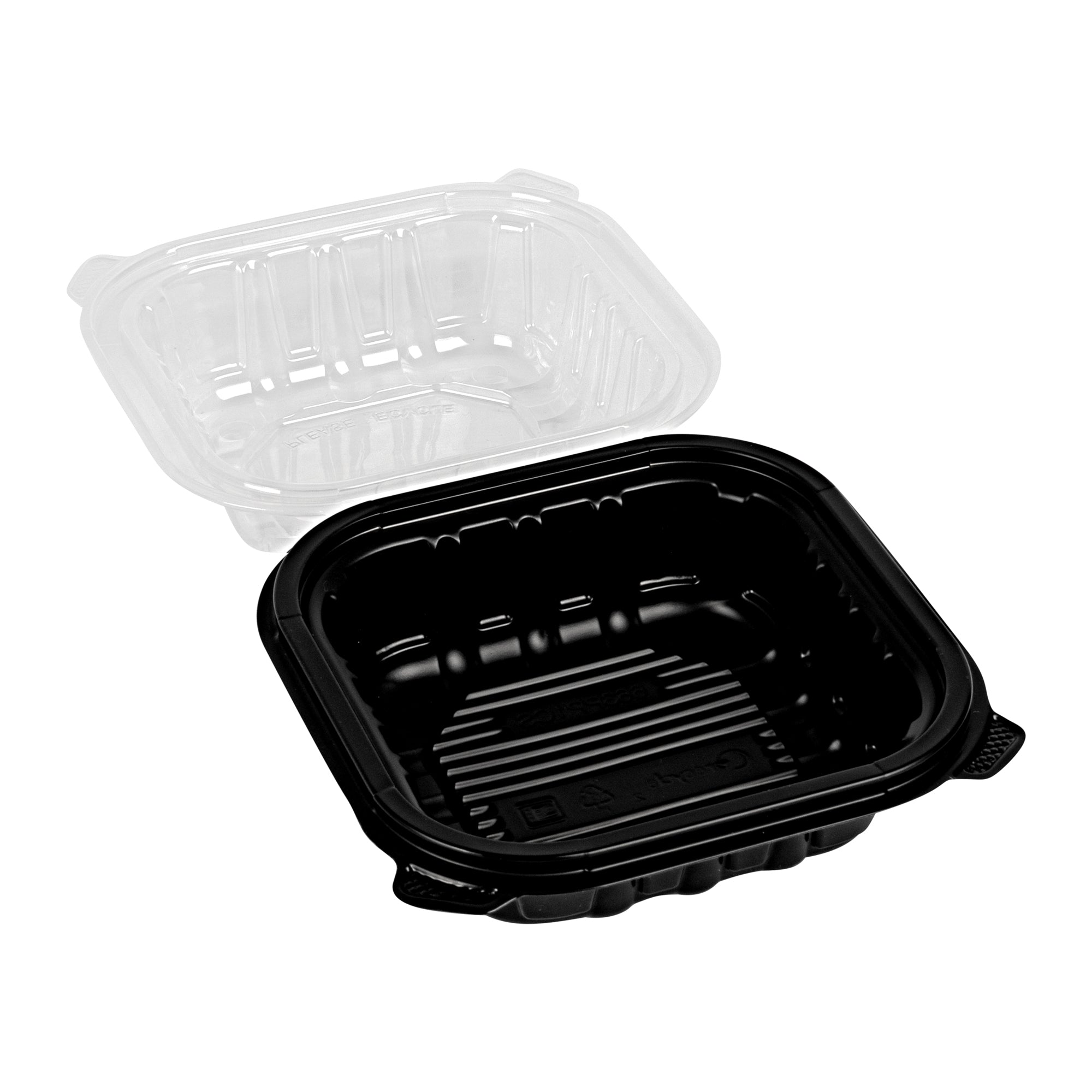 Thermo Tek 16 oz Black Plastic Clamshell Container - Microwavable - 6" x 6" x 3" - 100 count box