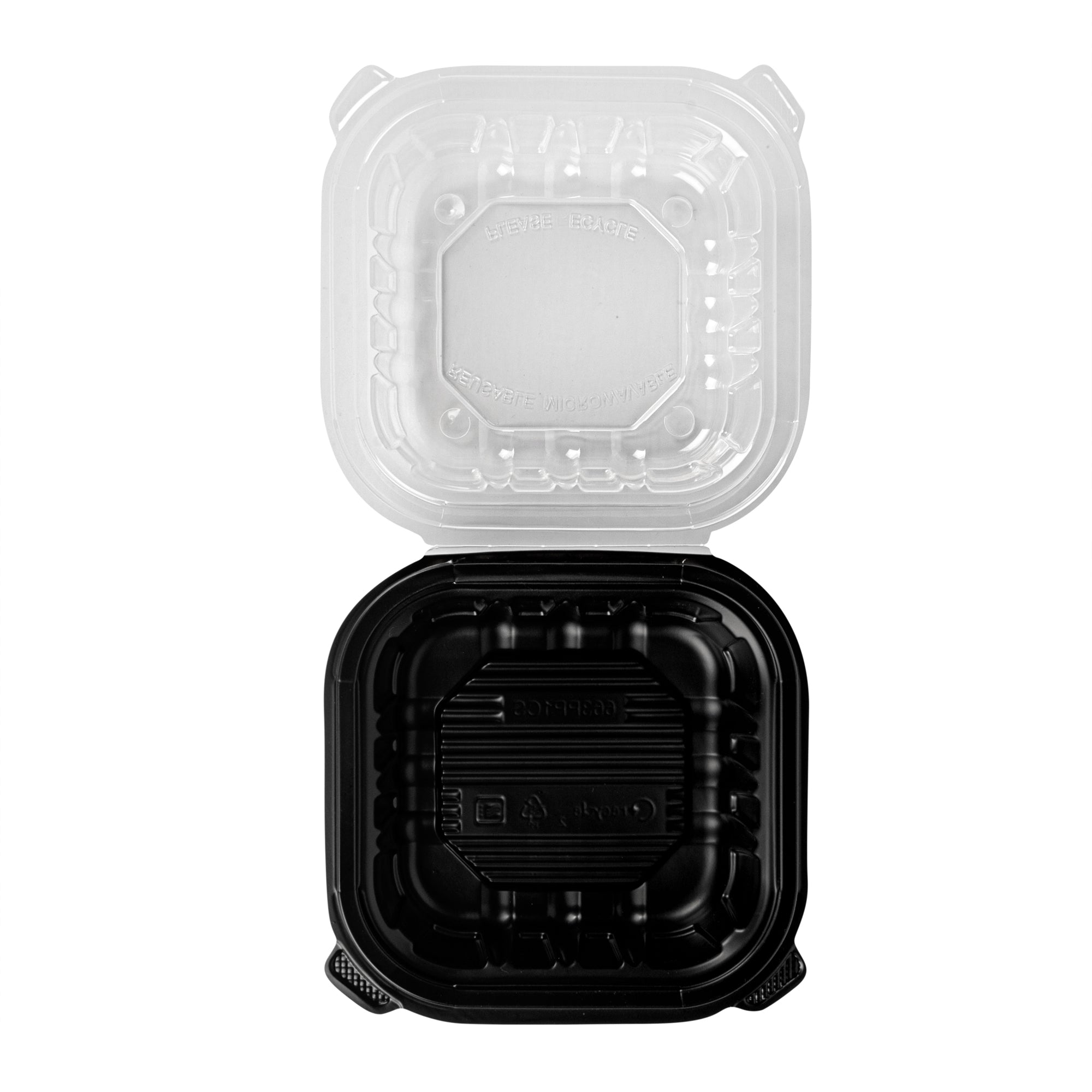 Thermo Tek 16 oz Black Plastic Clamshell Container - Microwavable - 6" x 6" x 3" - 100 count box