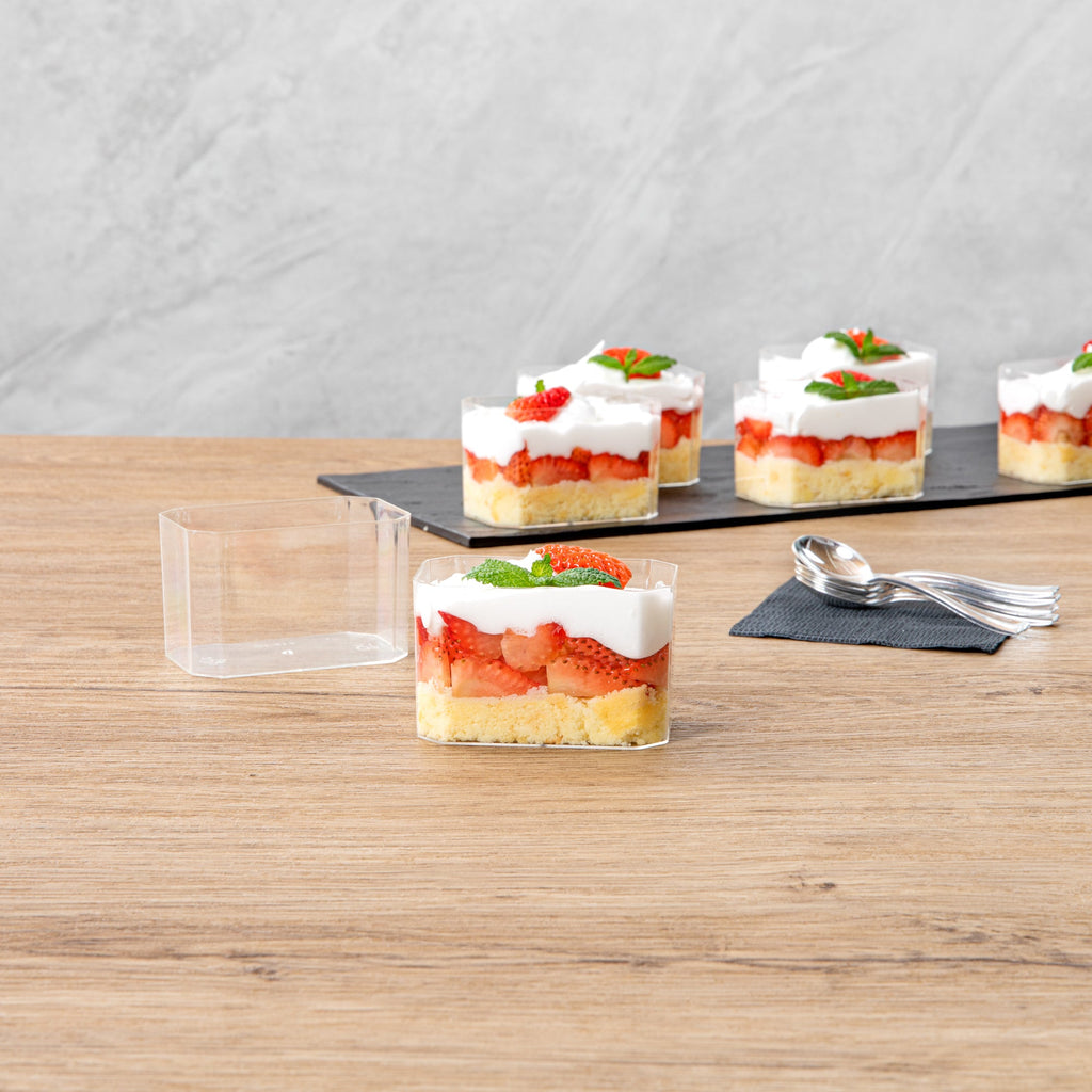 Mini Serve 3 oz Rectangle Clear Plastic Dessert Cup - 3 1/4'' x 2'' x 2'' - 25 count box