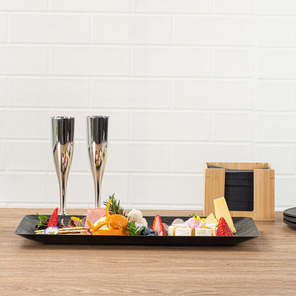 Maxi Serve Rectangle Matte Black Plastic Plate - 17" x 9" - 100 count box