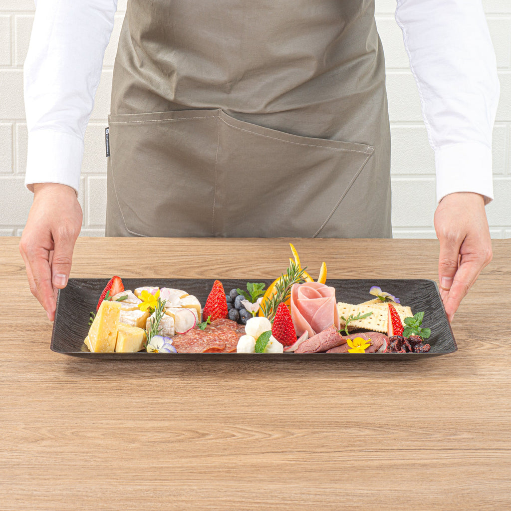 Maxi Serve Rectangle Matte Black Plastic Plate - 17" x 9" - 100 count box