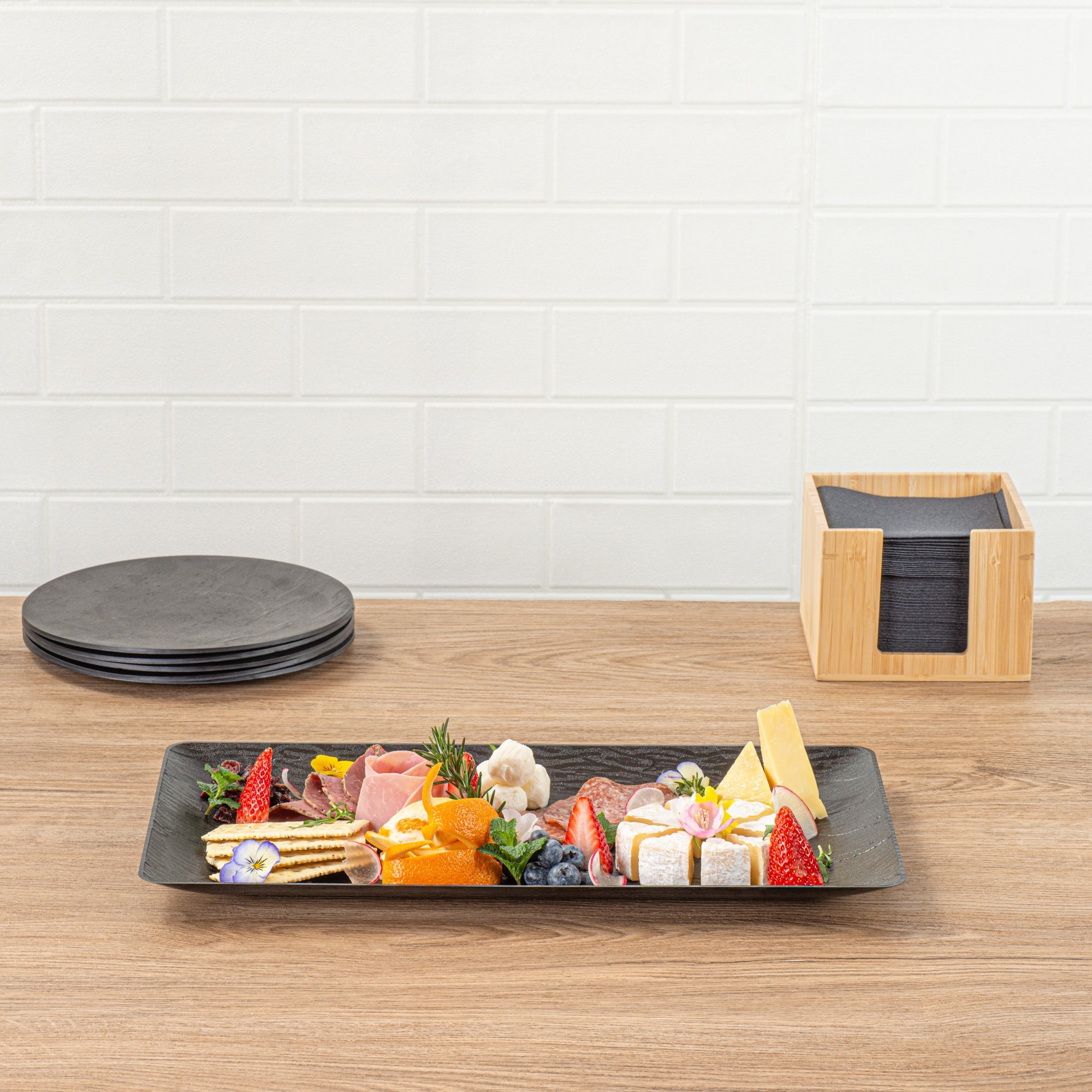 Maxi Serve Rectangle Matte Black Plastic Plate - 17" x 9" - 100 count box