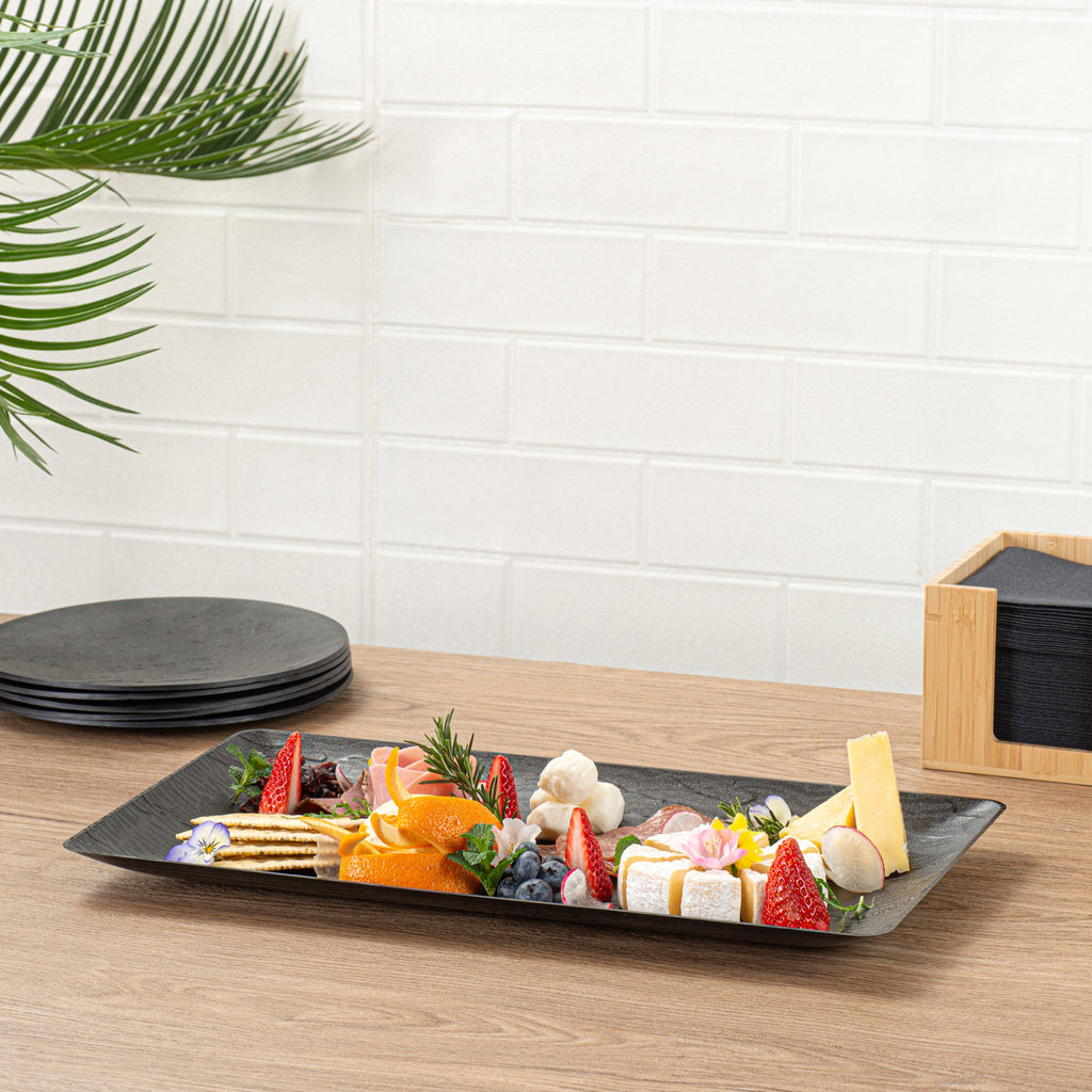 Maxi Serve Rectangle Matte Black Plastic Plate - 17" x 9" - 100 count box