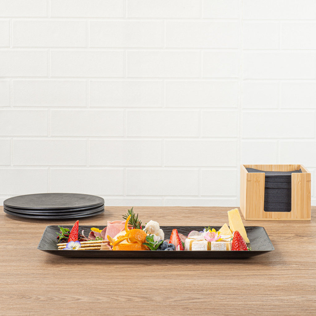Maxi Serve Rectangle Matte Black Plastic Plate - 17" x 9" - 100 count box