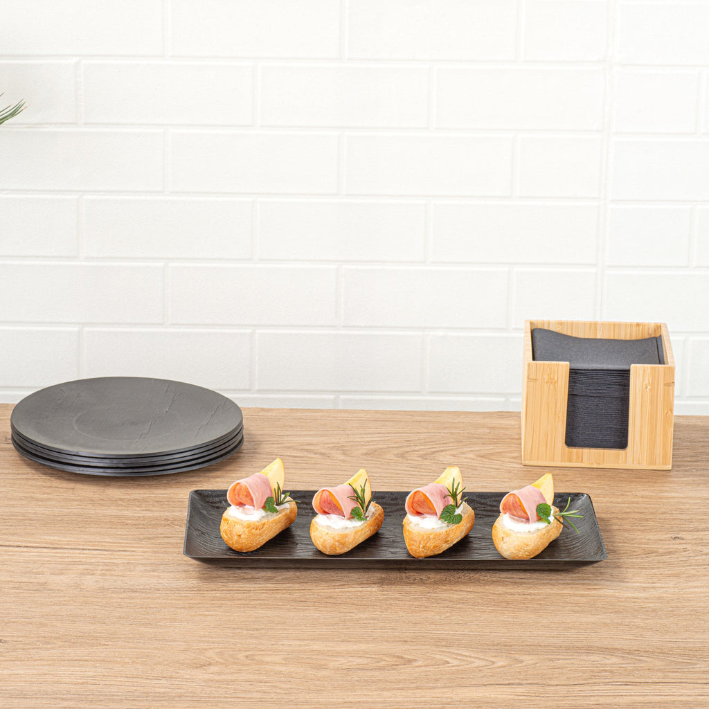 Maxi Serve Rectangle Matte Black Plastic Plate - 14 1/4" x 6 1/4" - 100 count box