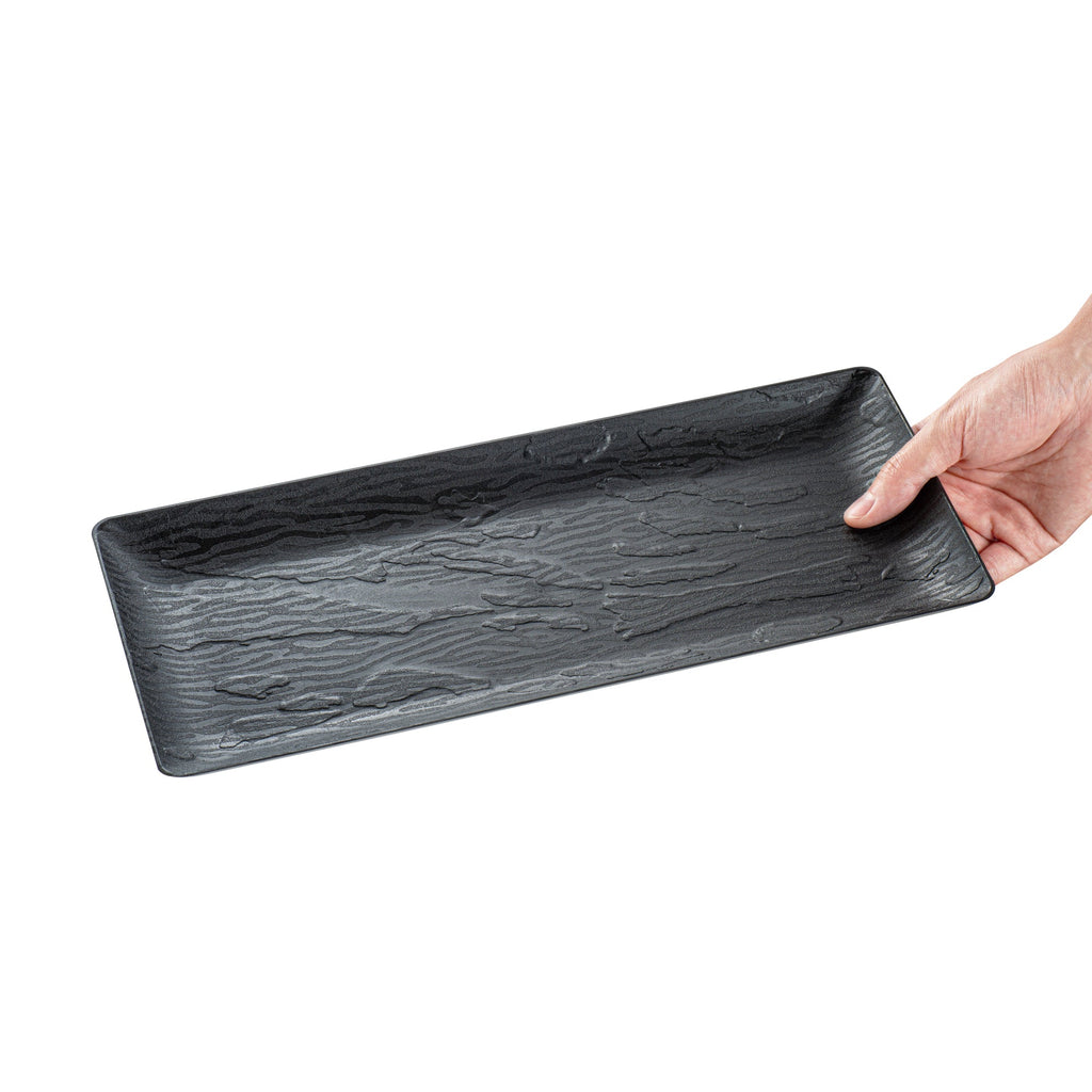 Maxi Serve Rectangle Matte Black Plastic Plate - 14 1/4" x 6 1/4" - 100 count box