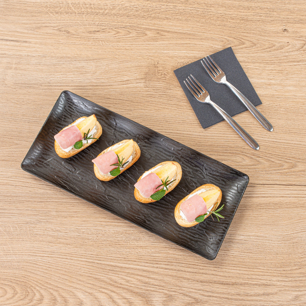 Maxi Serve Rectangle Matte Black Plastic Plate - 14 1/4" x 6 1/4" - 100 count box