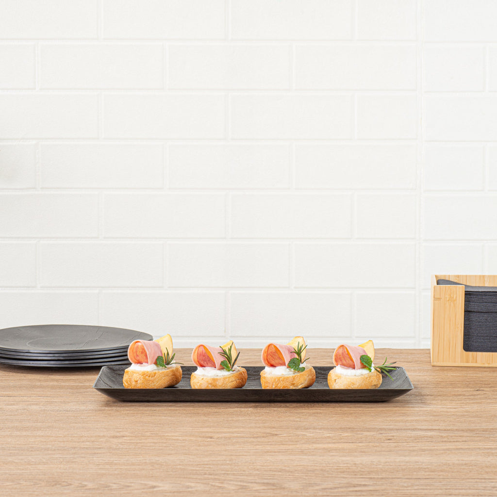 Maxi Serve Rectangle Matte Black Plastic Plate - 14 1/4" x 6 1/4" - 100 count box