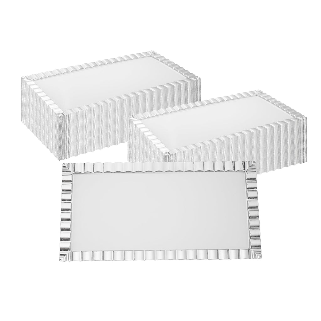 Maxi Serve Rectangle White Plastic Plate - with Silver Ruffled Rim - 17" x 9" - 25 count box
