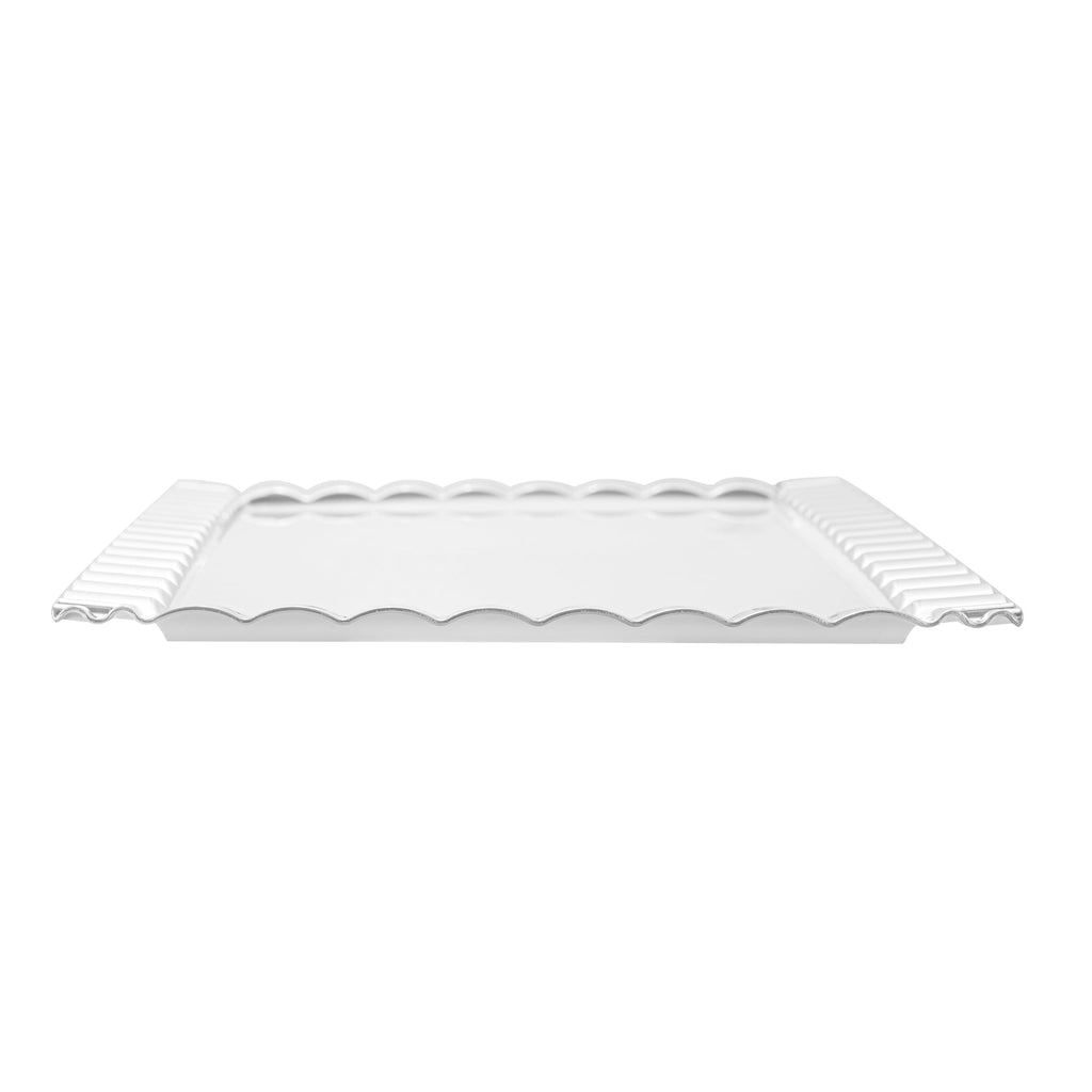 Maxi Serve Rectangle White Plastic Plate - with Silver Ruffled Rim - 17" x 9" - 100 count box