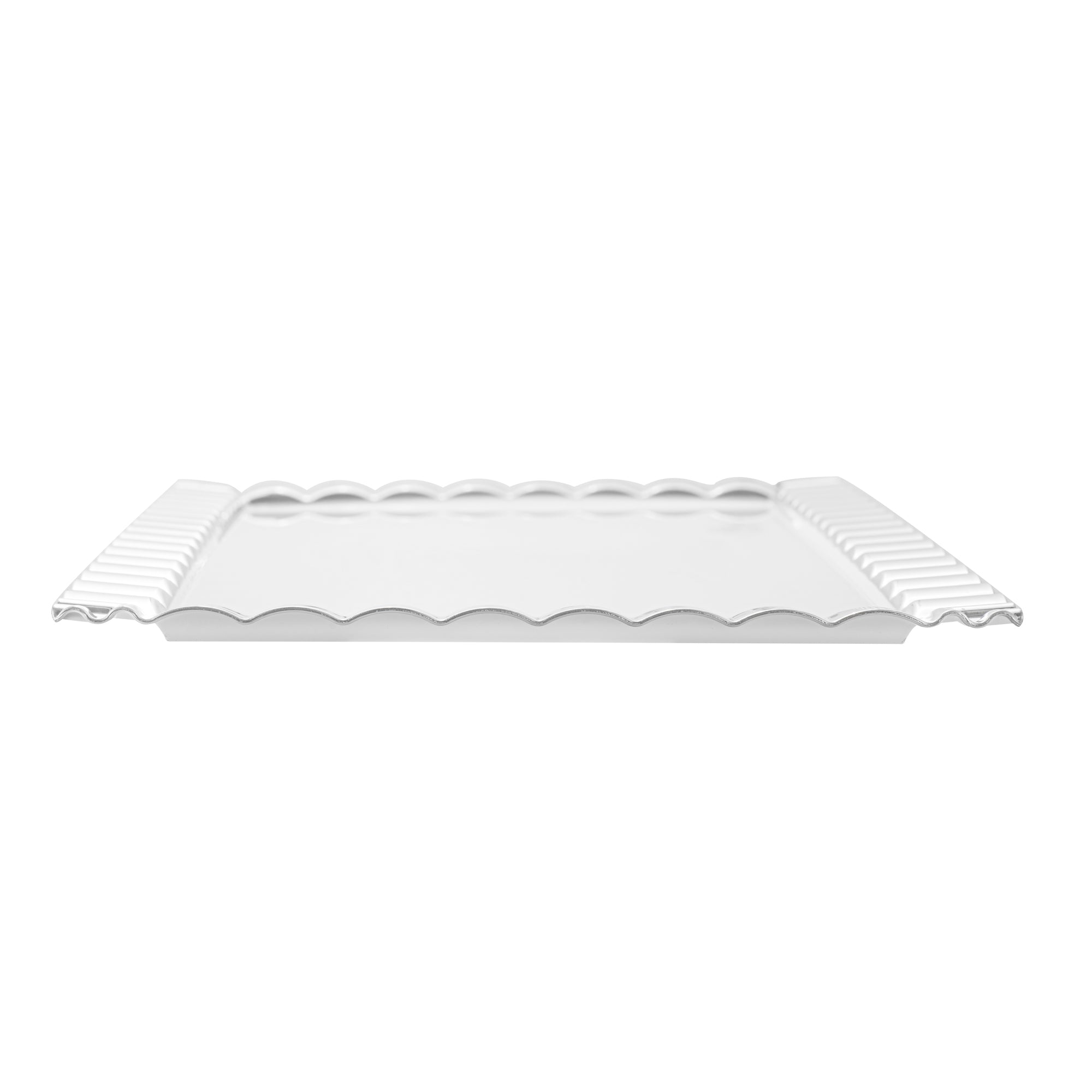 Maxi Serve Rectangle White Plastic Plate - with Silver Ruffled Rim - 17" x 9" - 100 count box
