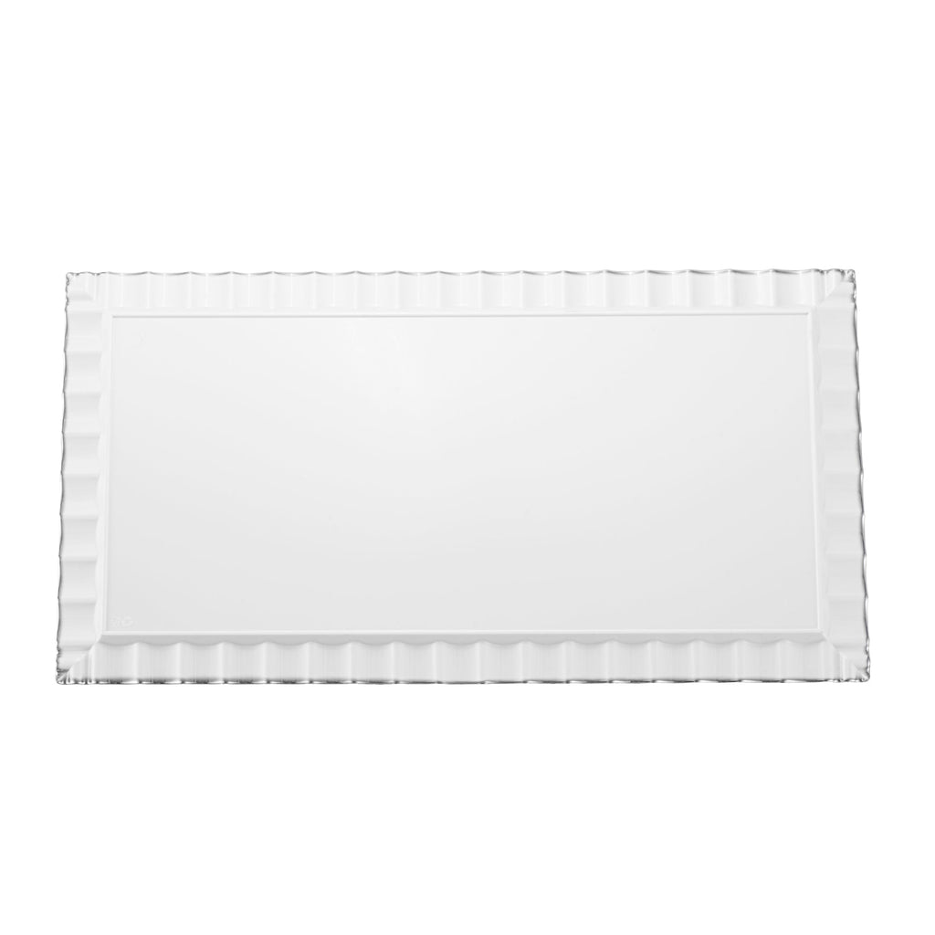 Maxi Serve Rectangle White Plastic Plate - with Silver Ruffled Rim - 17" x 9" - 100 count box