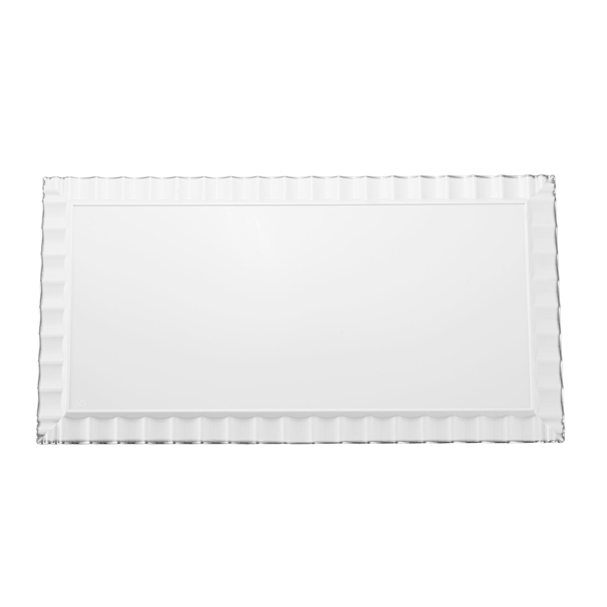 Maxi Serve Rectangle White Plastic Plate - with Silver Ruffled Rim - 17" x 9" - 100 count box