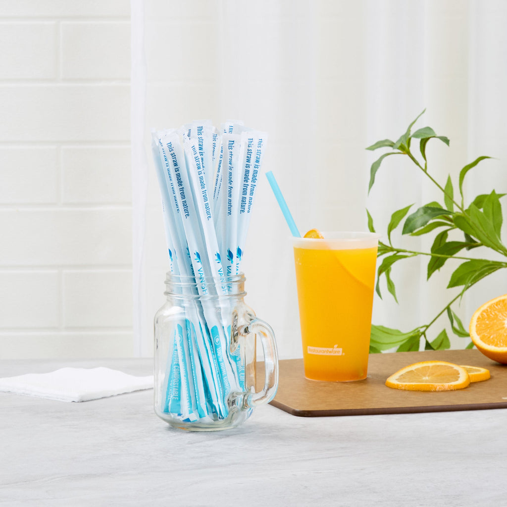 Vanish Blue PHA Plastic Straw - Wrapped, Compostable - 8 1/4" - 1000 count box