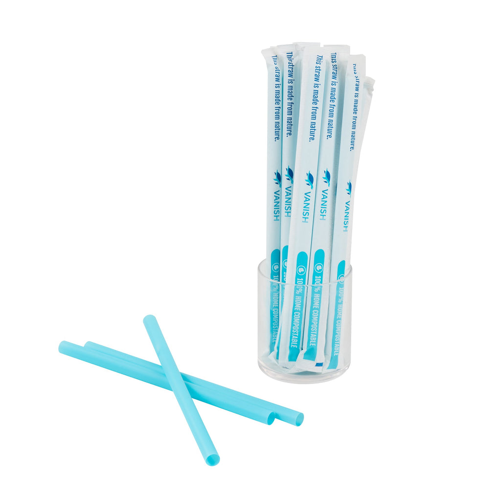 Vanish Blue PHA Plastic Straw - Wrapped, Compostable - 9" - 100 count box