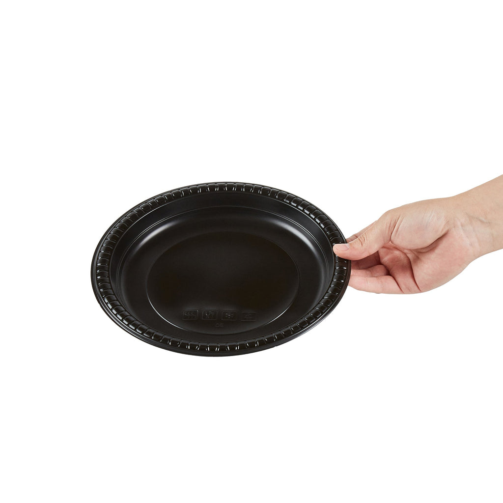 Chef 101 Round Black Plastic Plate - Microwavable - 9" x 9" x 3/4" - 100 count box