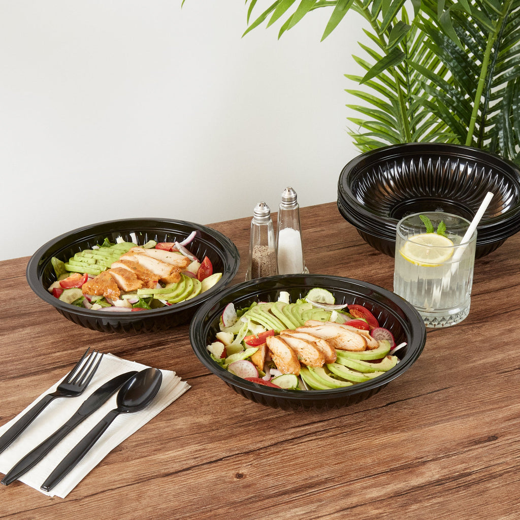 Chef 101 34 oz Round Black Plastic Bowl - Microwavable - 9" x 9" x 2" - 100 count box
