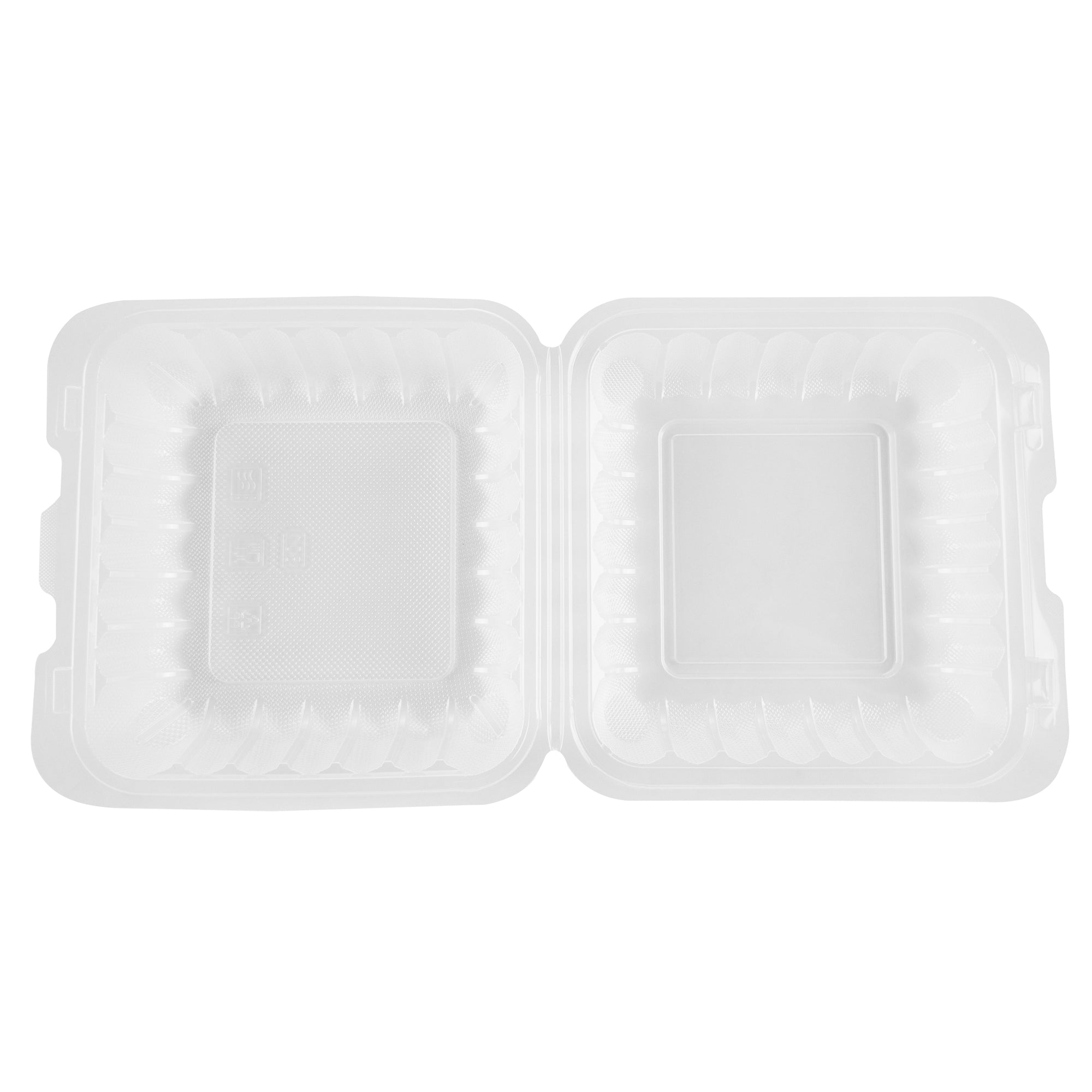 Chef 101 34 oz Square Clear Plastic Clamshell Container - Microwavable - 8" x 8" x 3" - 50 count box