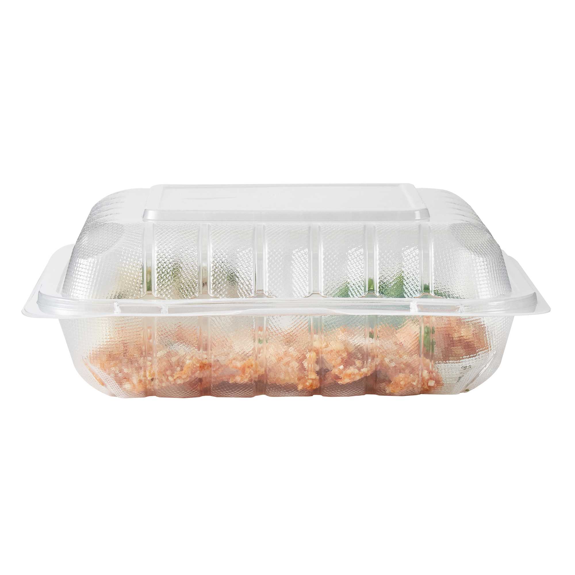 Chef 101 34 oz Square Clear Plastic Clamshell Container - 3 Compartments, Microwavable - 8" x 8" x 3" - 50 count box