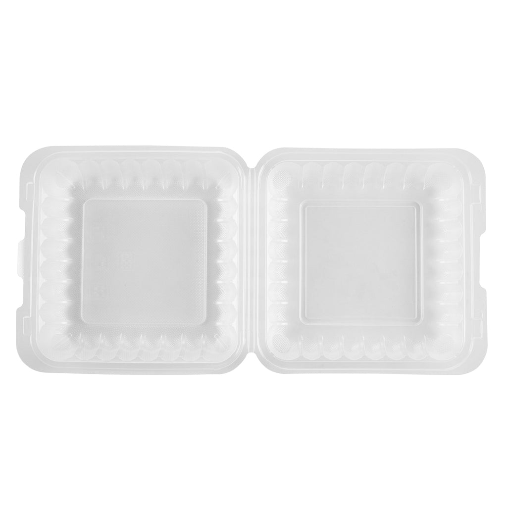 Chef 101 40 oz Square Clear Plastic Clamshell Container - Microwavable - 9" x 9" x 3" - 50 count box