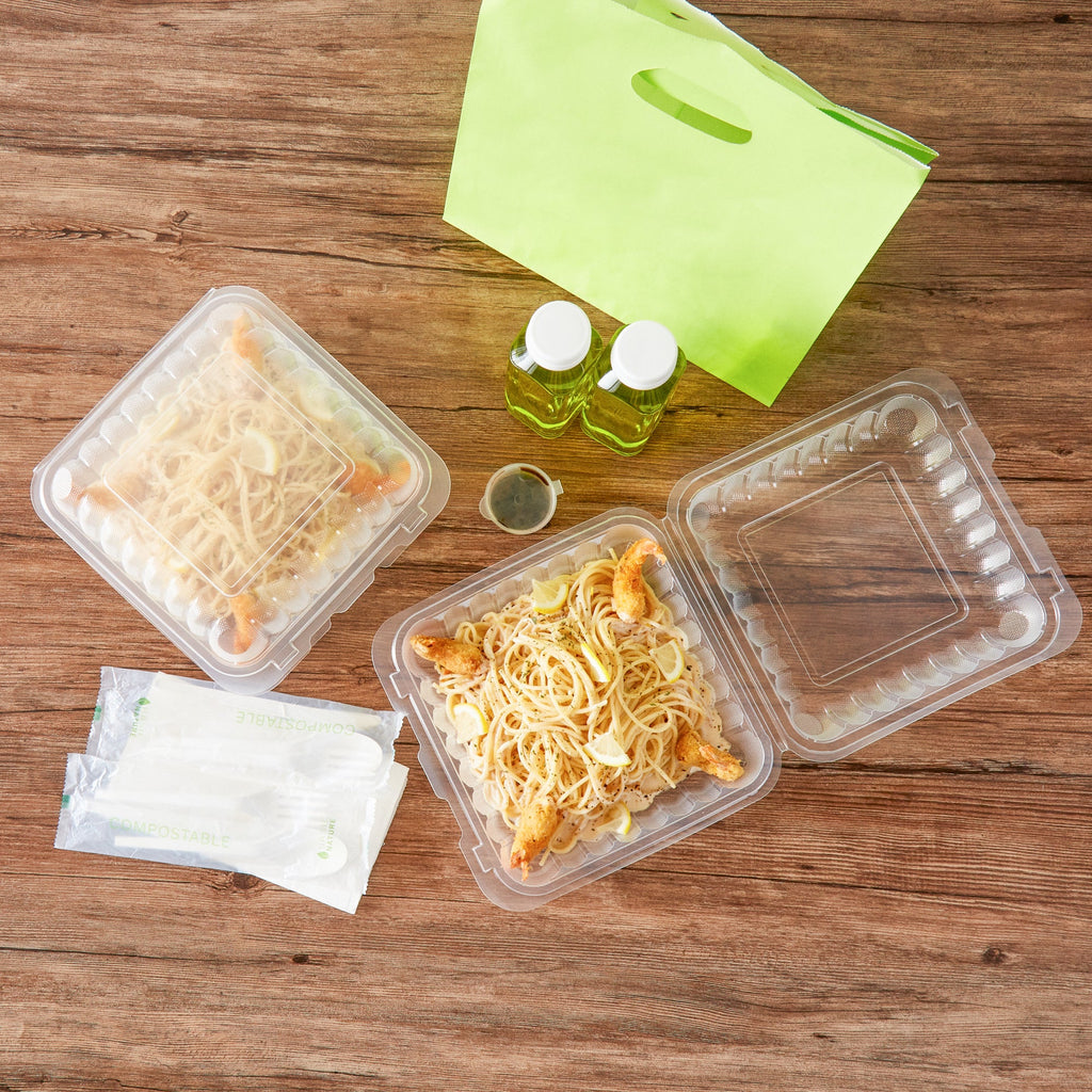 Chef 101 47 oz Square Clear Plastic Clamshell Container - Microwavable - 9" x 9" x 3 1/2" - 100 count box