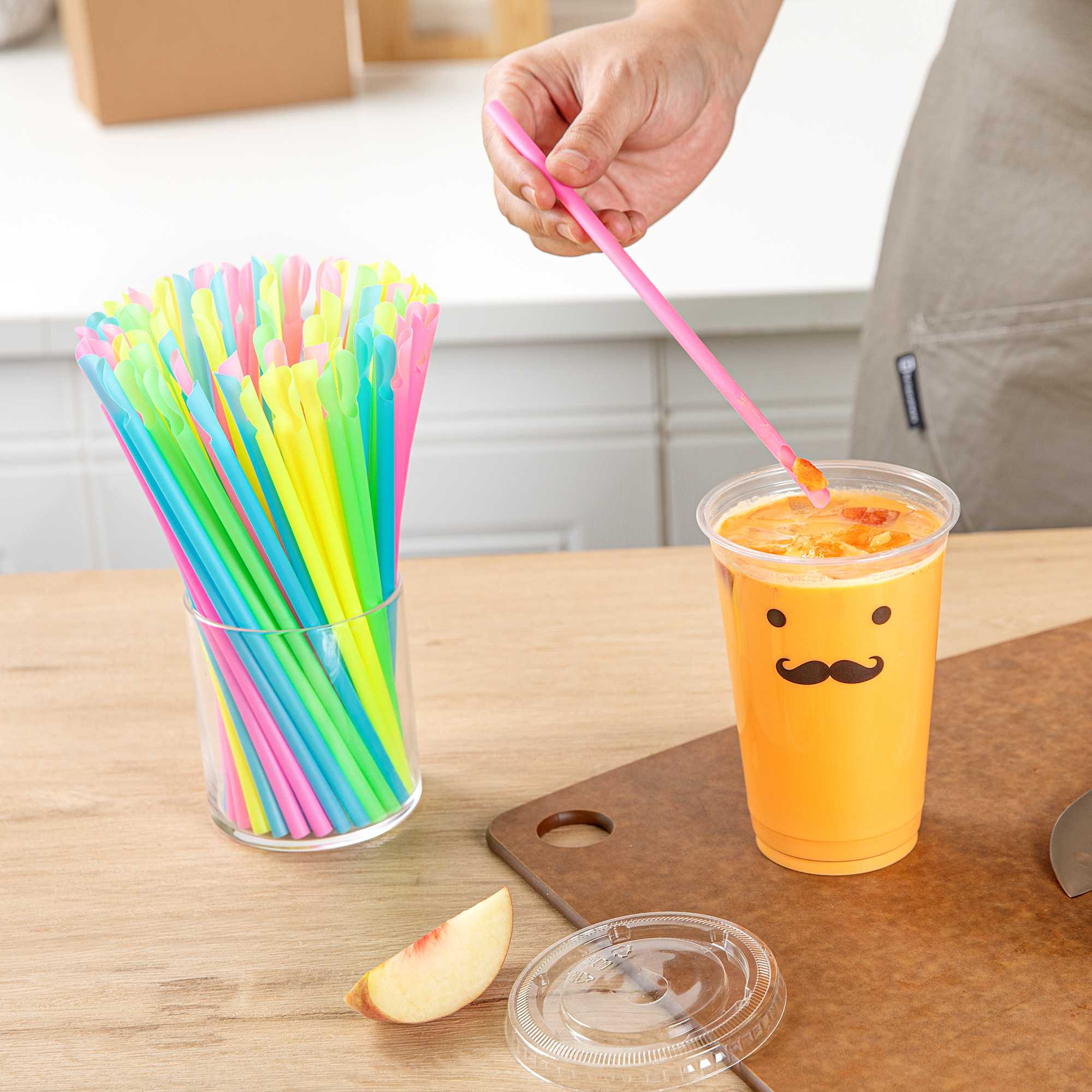 Basic Nature Assorted PLA Plastic Spoon Straw - Unwrapped, Compostable - 8" - 100 count box