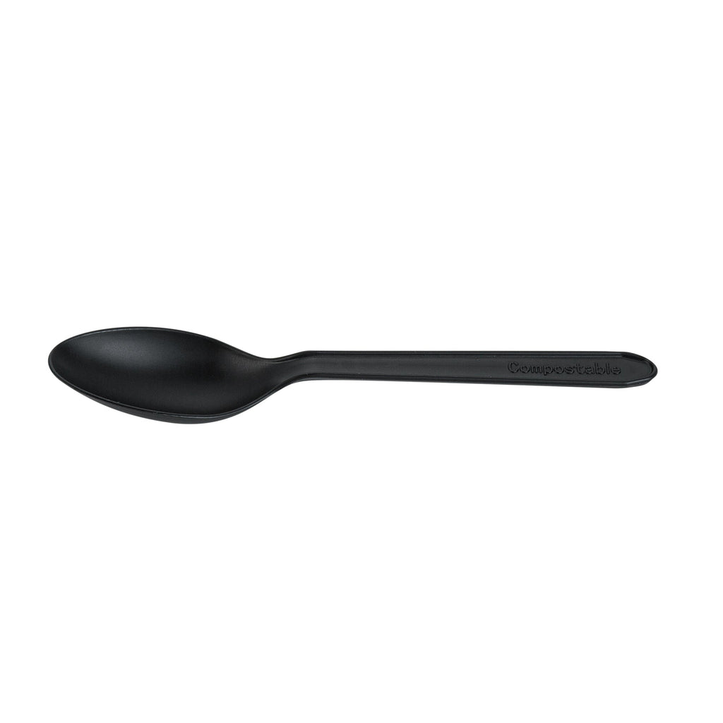 Basic Nature Black CPLA Plastic Dessert Spoon - Heat-Resistant, Compostable - 4" - 1000 count box