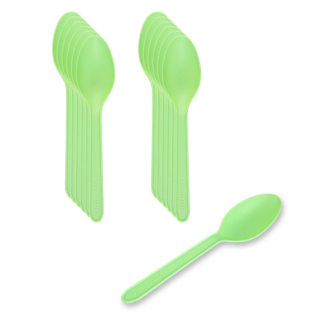 Basic Nature Green CPLA Plastic Dessert Spoon - Heat-Resistant, Compostable - 5" - 100 count box