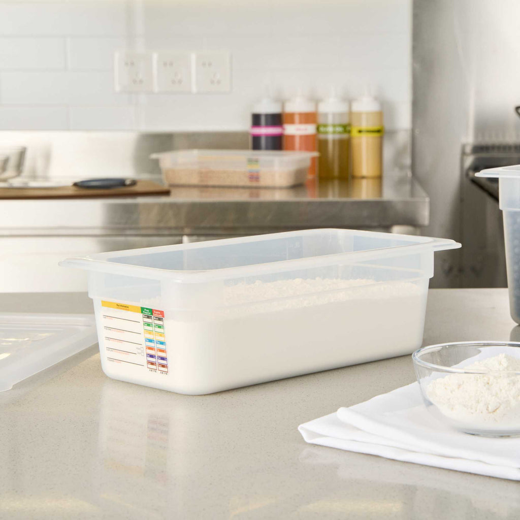 Met Lux Rectangle White Polypropylene 1/3 Size Food Pan - 4" Deep, with Label - 1 count box