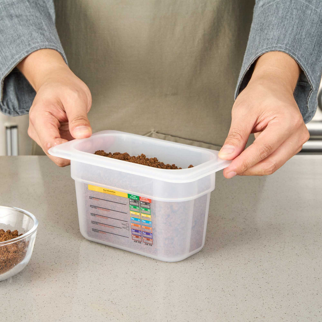 Met Lux Rectangle White Polypropylene 1/9 Size Food Pan - 4" Deep, with Label - 1 count box