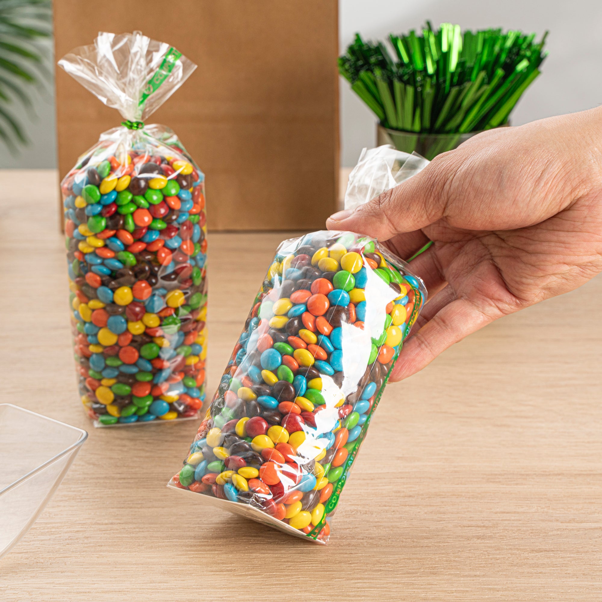 Basic Nature Clear Plastic Gusset Bag - Compostable, Paper Insert, Heat Sealable - 2" x 2" x 8 1/4" - 100 count box