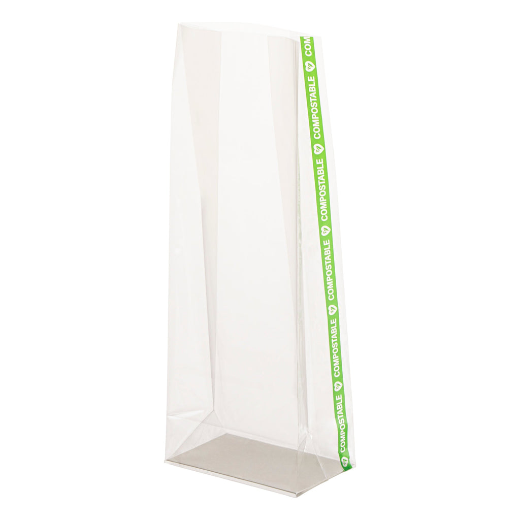 Basic Nature Clear Plastic Gusset Bag - Compostable, Paper Insert, Heat Sealable - 3" x 2" x 8" - 100 count box