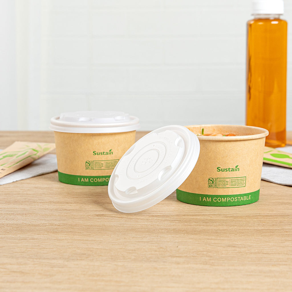 Sustain Round White PLA Plastic Lid - Compostable, Fits 8 oz Soup Container - 25 count box
