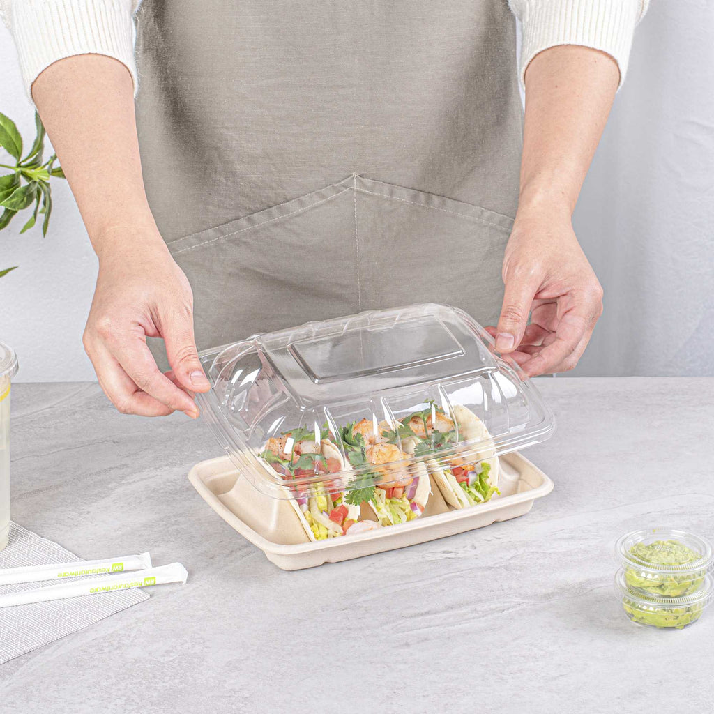 Pulp Safe Clear Plastic Dome Lid - Fits 3-Divider Taco Holder Tray - 100 count box