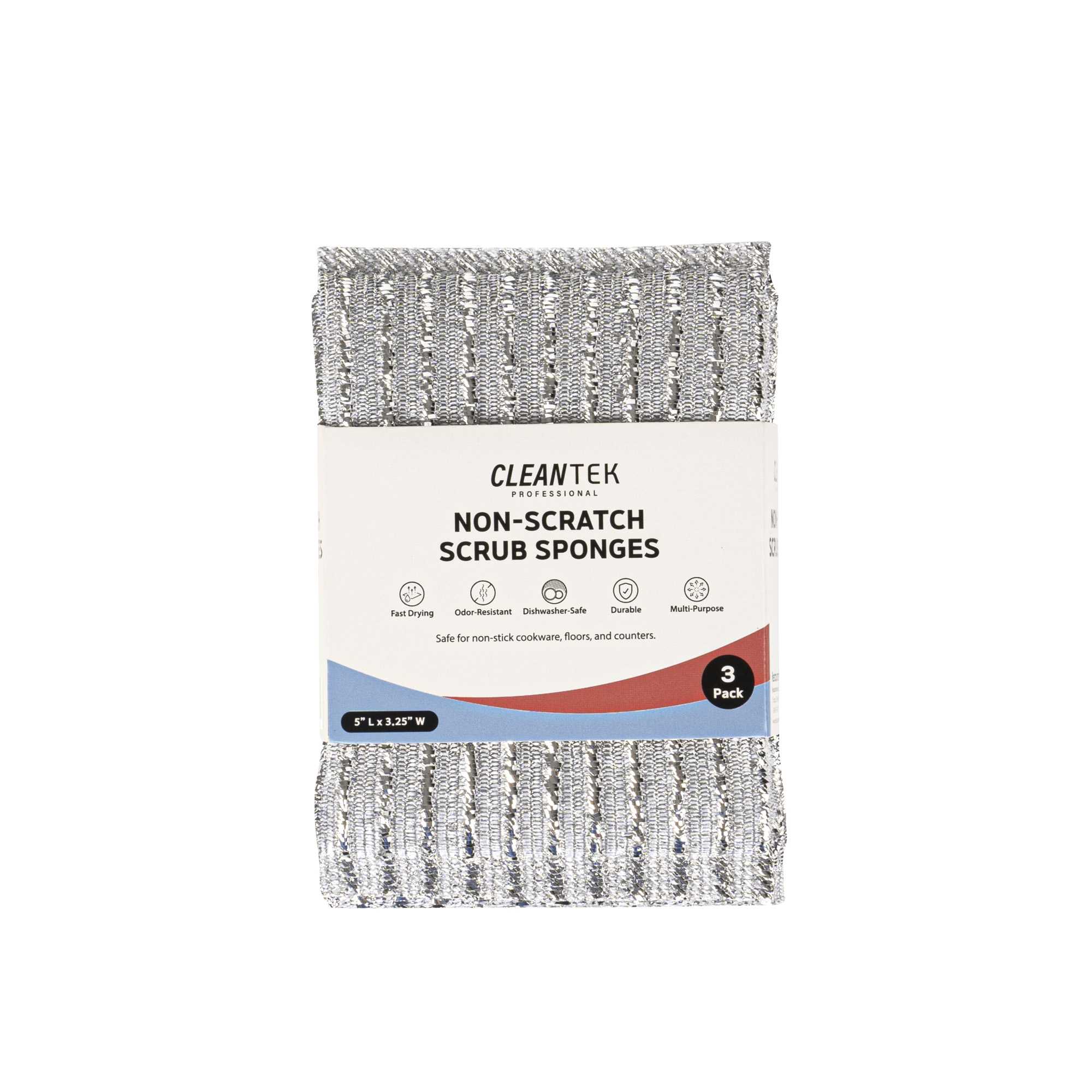 Clean Tek Professional Multi-Purpose Silver Scrub Sponge - Striped Texture, Non-Scratch - 5" x 3 1/4" x 1/2" - 60 count box