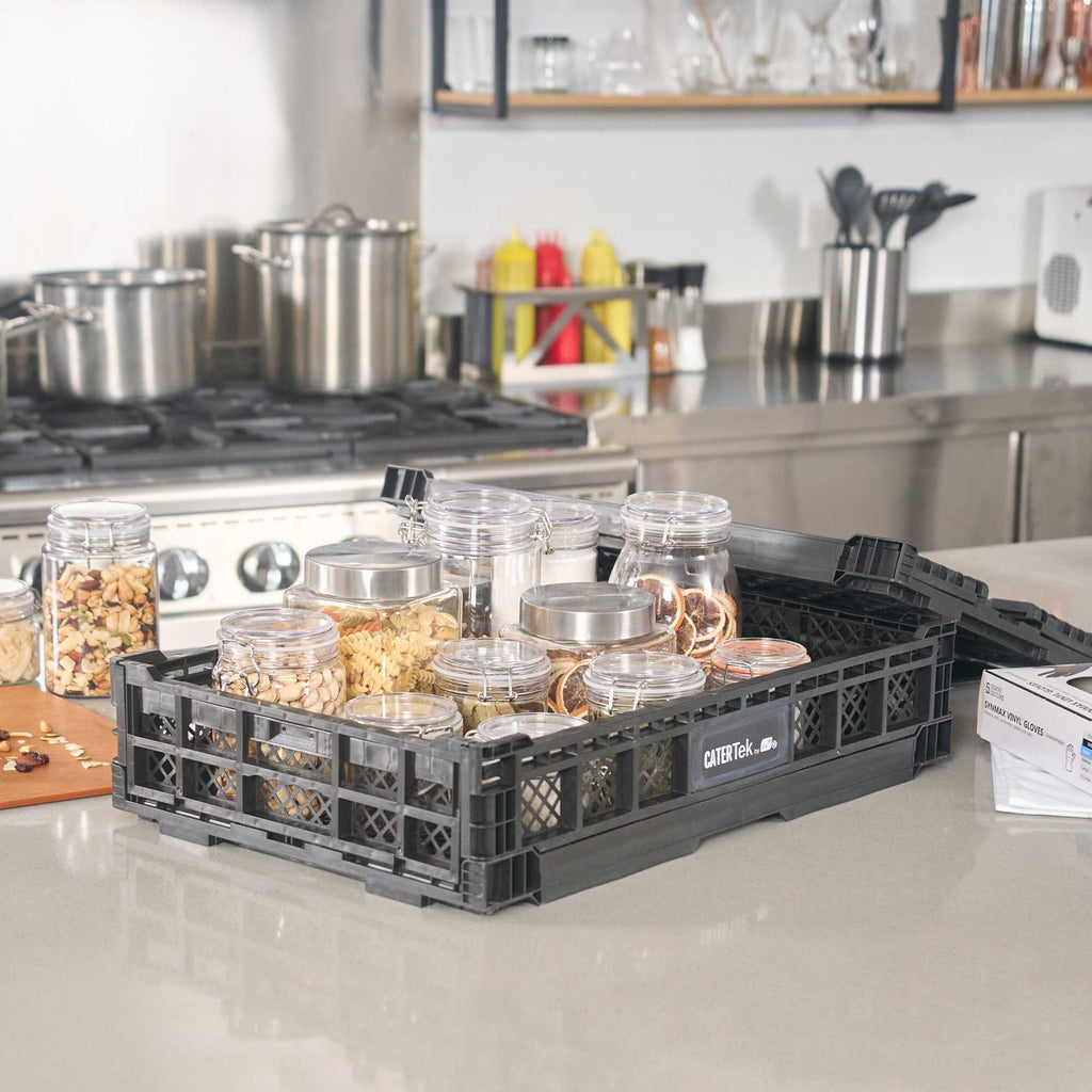 Cater Tek Rectangle Black Plastic Collapsible Crate - Vented, Stackable - 23 3/4" x 15 3/4" x 4 3/4" - 1 count box