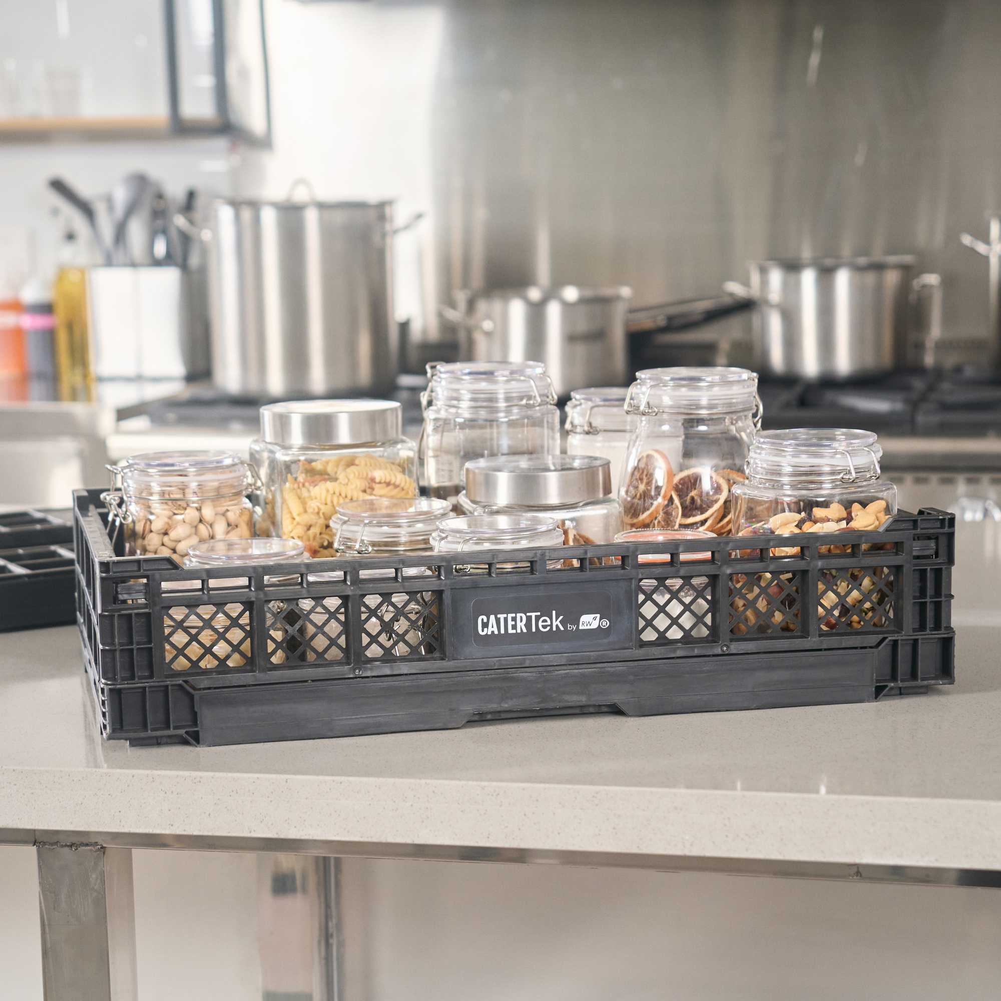 Cater Tek Rectangle Black Plastic Collapsible Crate - Vented, Stackable - 23 3/4" x 15 3/4" x 4 3/4" - 1 count box
