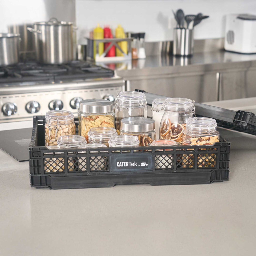 Cater Tek Rectangle Black Plastic Collapsible Crate - Vented, Stackable - 23 3/4" x 15 3/4" x 4 3/4" - 1 count box